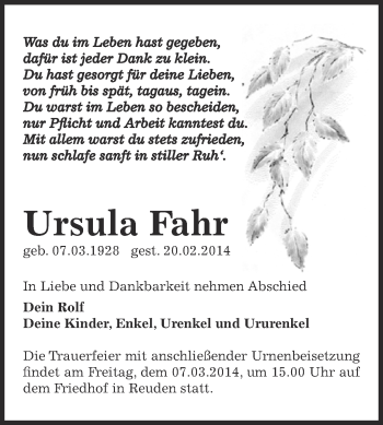 Traueranzeige von Ursula Fahr von Super Sonntag Zeitz
