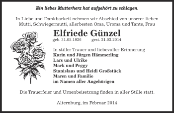 Traueranzeige von Elfriede Günzel von Super Sonntag Zeitz