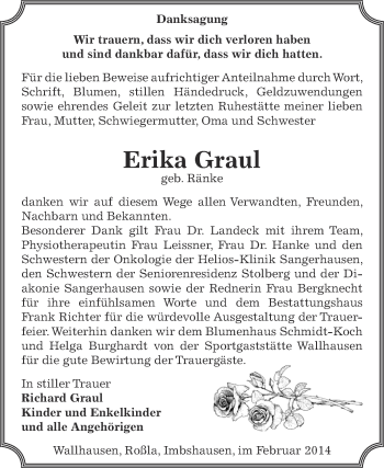 Traueranzeige von Erika Graul von Super Sonntag SGH Mansf. Land