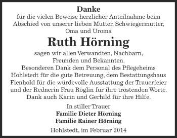 Traueranzeige von Ruth Hörning von Super Sonntag SGH Mansf. Land