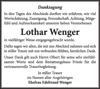 Traueranzeige von Lothar Wenger von Super Sonntag Dessau / Köthen