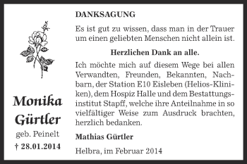 Traueranzeige von Monika Gürtler von Wochenspiegel Mansfelder Land