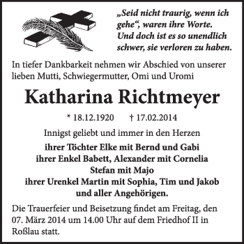Traueranzeige von Katharina Richtmeyer von Super Sonntag Dessau / Köthen