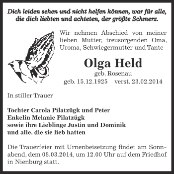 Traueranzeige von Olga Held von Super Sonntag Bernburg