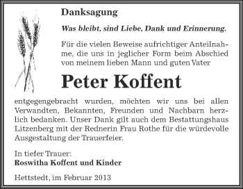 Traueranzeige von Peter Koffent von Wochenspiegel Mansfelder Land
