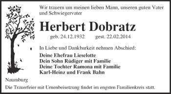 Traueranzeige von Herbert Dobratz von WVG - Wochenspiegel NMB / WSF / ZTZ