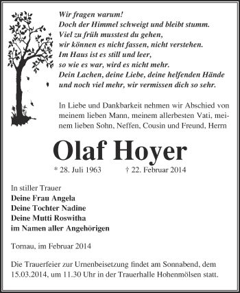 Traueranzeige von Olaf Hoyer von WVG - Wochenspiegel NMB / WSF / ZTZ