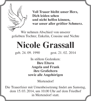 Traueranzeige von Nicole Grassall von WVG - Wochenspiegel NMB / WSF / ZTZ