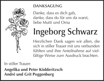 Traueranzeige von Ingeborg Schwarz von WVG - Wochenspiegel NMB / WSF / ZTZ