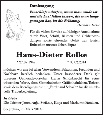 Traueranzeige von Hans-Dieter Rolke von WVG - Wochenspiegel Wittenberg