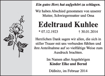 Traueranzeige von Edletraud Kuhlee von WVG - Wochenspiegel Wittenberg
