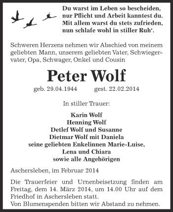 Traueranzeige von Peter Wolf von WVG - Wochenspiegel Aschersleben