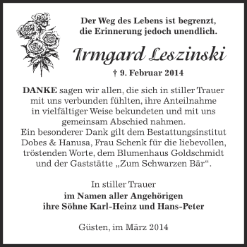 Traueranzeige von Irmgard Leszinski von Super Sonntag Bernburg