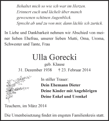 Traueranzeige von Ulla Gorecki von WVG - Wochenspiegel NMB / WSF / ZTZ
