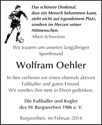 Traueranzeige von Wolfram Oehler von WVG - Wochenspiegel NMB / WSF / ZTZ
