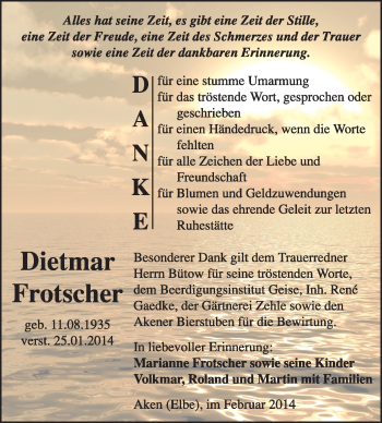 Traueranzeige von Dietmar Frotscher von Super Sonntag Dessau / Köthen