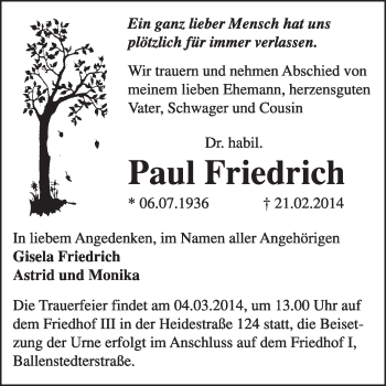 Traueranzeige von Paul Friedrich von Super Sonntag Dessau / Köthen