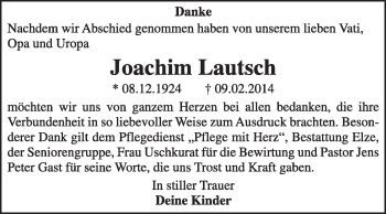 Traueranzeige von Joachim Lautsch von Super Sonntag Dessau / Köthen