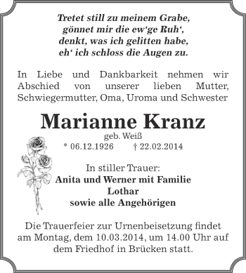 Traueranzeige von Marianne Kranz von Wochenspiegel Mansfelder Land