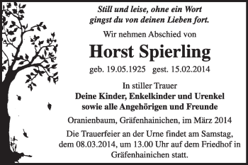 Traueranzeige von Horst Spierling von Super Sonntag Wittenberg