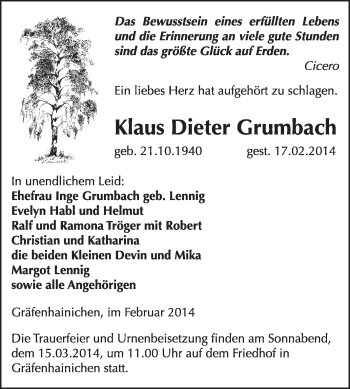 Traueranzeige von Klaus Dieter Grumbach von WVG - Wochenspiegel Wittenberg