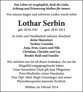 Traueranzeige von Lothar Serbin von WVG - Wochenspiegel Wittenberg
