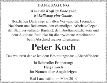 Traueranzeige von Peter Koch von WVG - Wochenspiegel Merseburg