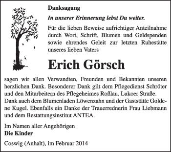 Traueranzeige von Erich Görsch von Super Sonntag Wittenberg