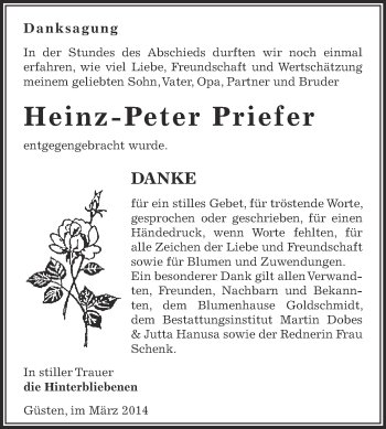 Traueranzeige von Heinz-Peter Priefer von Super Sonntag Bernburg