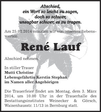 Traueranzeige von René Lauf von Super Sonntag Bernburg