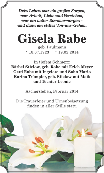 Traueranzeige von Gisela Rabe von WVG - Wochenspiegel Aschersleben