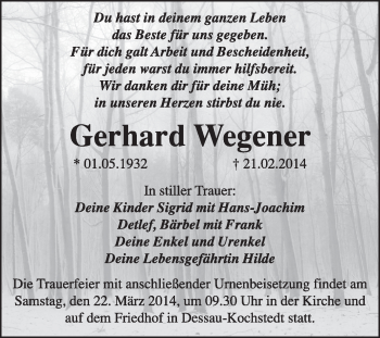 Traueranzeige von Gerhard Wegener von Super Sonntag Dessau / Köthen