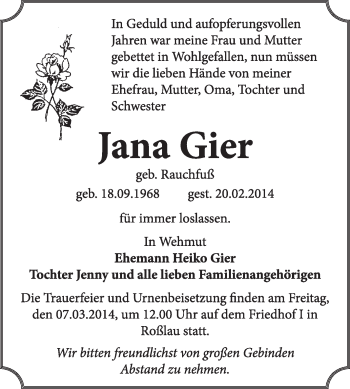 Traueranzeige von Jana Gier von Super Sonntag Dessau / Köthen