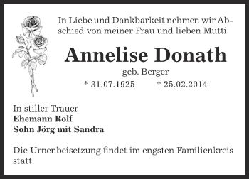 Traueranzeige von Annelise Donath von Super Sonntag Bernburg