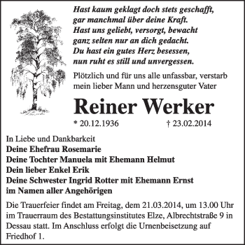 Traueranzeige von Reiner Werker von Super Sonntag Dessau / Köthen