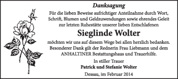 Traueranzeige von Sieglinde Wolter von Super Sonntag Dessau / Köthen