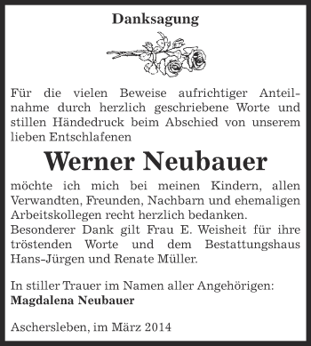 Traueranzeige von Werner Neubauer von WVG - Wochenspiegel Aschersleben