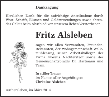Traueranzeige von Fritz Alsleben von WVG - Wochenspiegel Aschersleben
