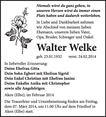 Traueranzeige von Walter Welke von Super Sonntag Dessau / Köthen