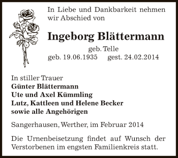 Traueranzeige von Ingeborg Blättermann von Super Sonntag SGH Mansf. Land