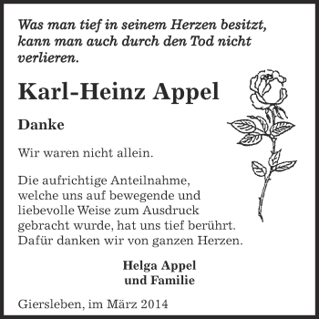 Traueranzeige von Karl-Heinz Appel von Super Sonntag Aschersleben