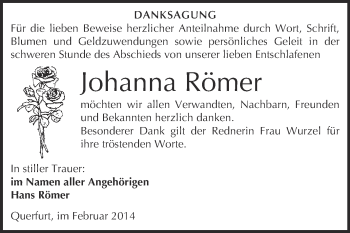 Traueranzeige von Johanna Römer von WVG - Wochenspiegel Merseburg