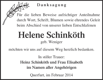 Traueranzeige von Helene Schinköth von WVG - Wochenspiegel Merseburg