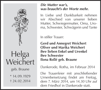 Traueranzeige von Helga Weichert von WVG - Wochenspiegel Quedlinburg