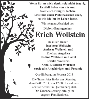 Traueranzeige von Erich Wollstein von WVG - Wochenspiegel Quedlinburg