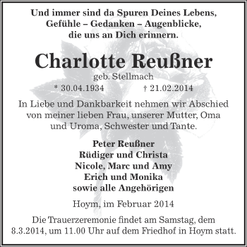 Traueranzeige von Charlotte Reußner von Super Sonntag Aschersleben