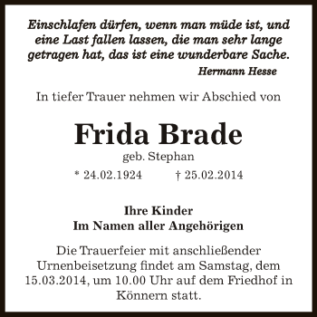 Traueranzeige von Frida Brade von Super Sonntag Bernburg