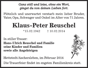 Traueranzeige von Klaus-Peter Reuschel von WVG - Wochenspiegel Aschersleben