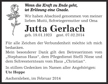 Traueranzeige von Jutta Gerlach von WVG - Wochenspiegel Aschersleben