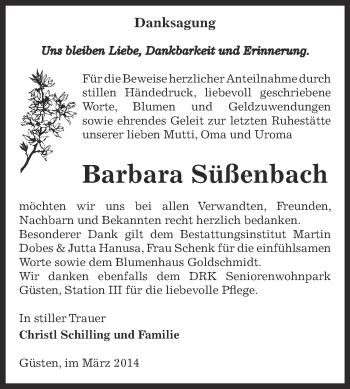 Traueranzeige von Barbara Süßenbach von Super Sonntag Bernburg
